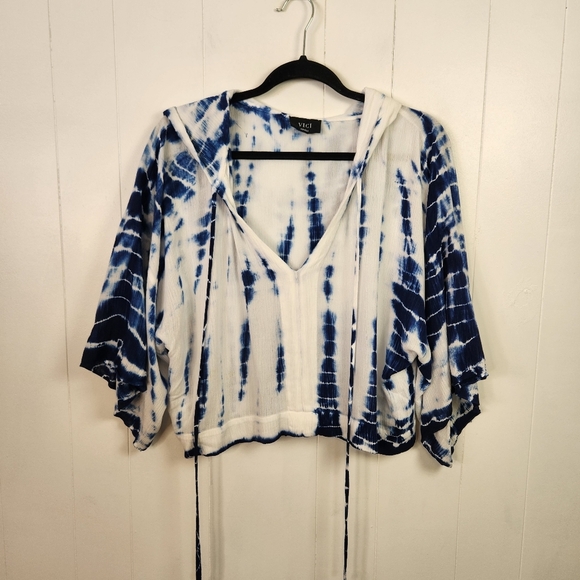 Vici Baja Blue Tie Dye Oversized Crop Top Cropped Hoodie Boho Beach Size Small - Picture 2 of 12
